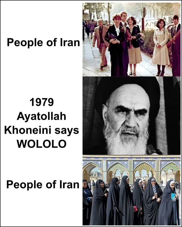Three-part history meme showing Iran people before and after 1979 ayatollah with humor, illustrating change in Iranian society.
