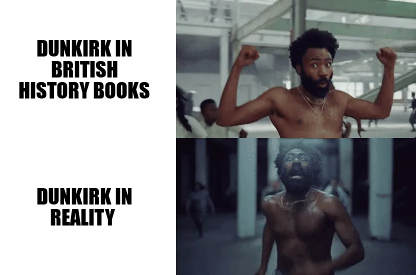 Memes contrasting Dunkirk portrayal in British history books versus reality, showcasing humor in history memes shared online.
