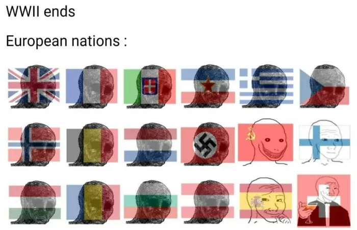 History meme showing European nations represented by flag-covered Wojak faces humorously reacting after WWII ends.