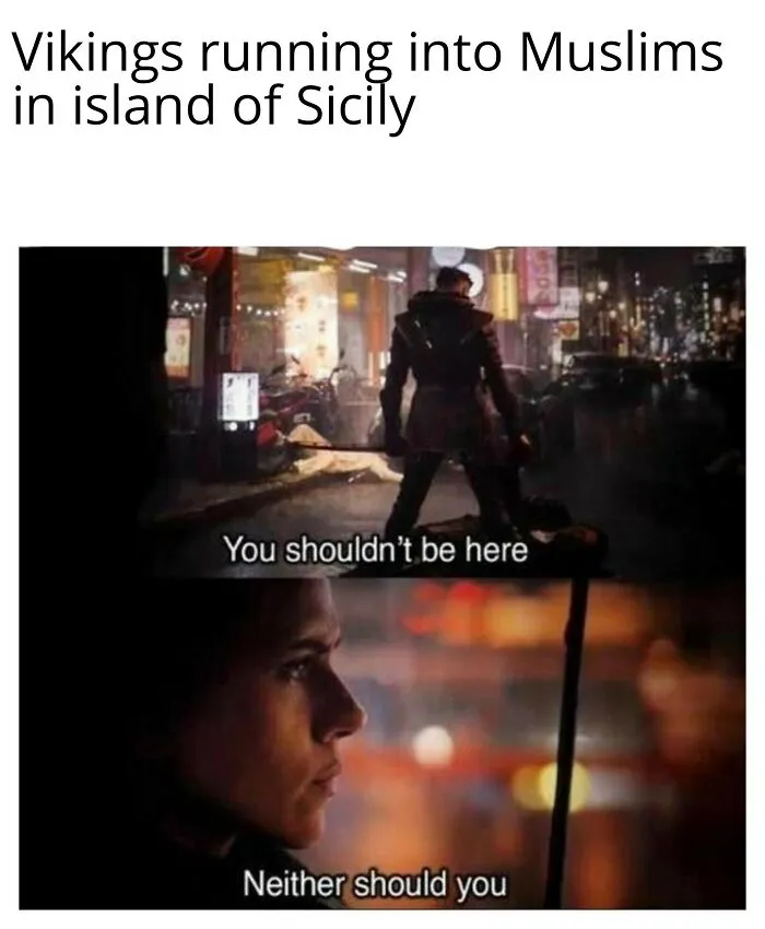 Scene from a meme showing Vikings meeting Muslims in Sicily with captions, highlighting funniest and accurate history memes.