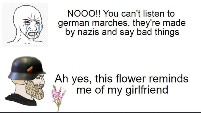 Cartoon meme contrasting emotional and calm reactions about German marches with historical humor, fitting history memes theme.