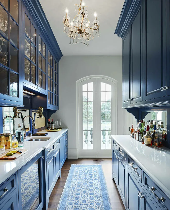 Butler's Pantry With Blue Cabinetry And A French Window, Saint Paul, Minnesota