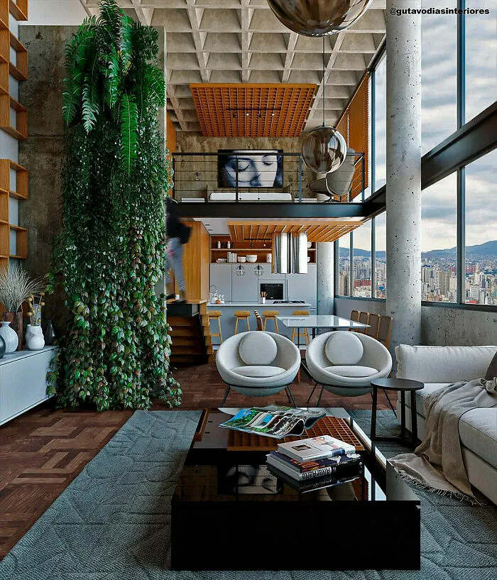Double-Height Industrial Loft Featuring Open Living Area With A Mix Of Greenery, Brazil