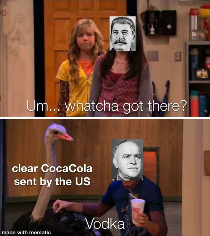 Meme featuring historical figures with humorous captions about US sending clear CocaCola and vodka references.