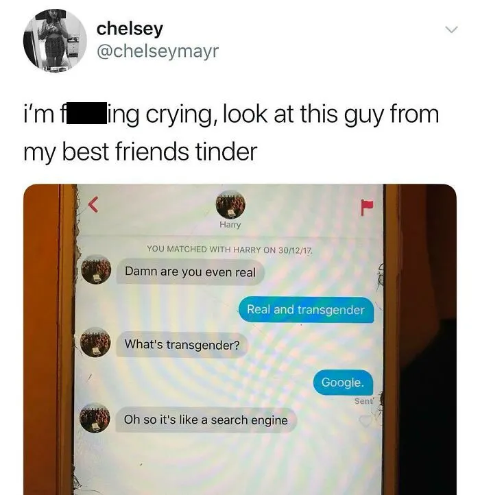 Funny meme showing a Tinder conversation about being real and transgender, shared to lift up your spirits on Instagram.