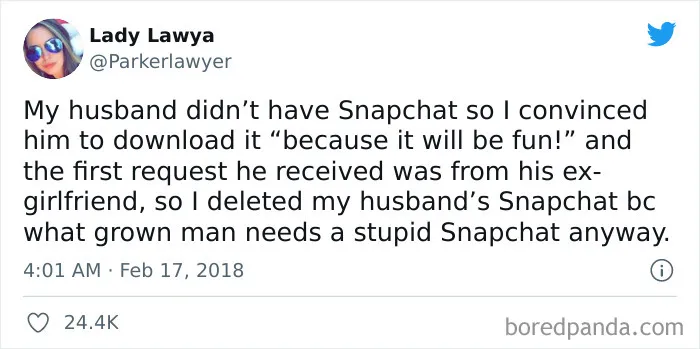 Tweet about a husband’s Snapchat experience shared on an IG page featuring 50 funny memes to lift up your spirits.