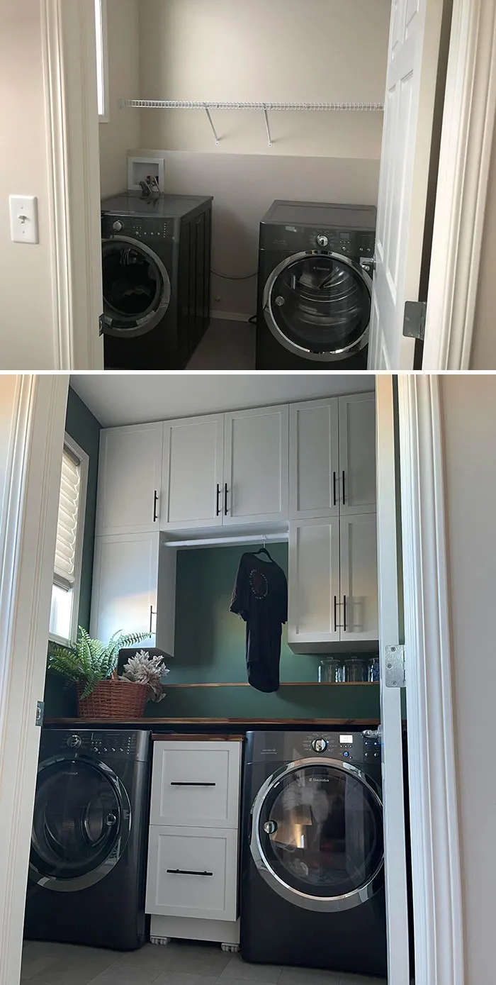 Cuarto de lavado pequeño, pero alto. Antes y después