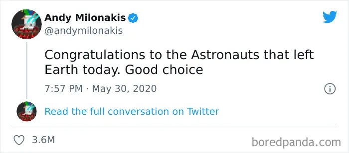 Tweet from Andy Milonakis congratulating astronauts leaving Earth, an example of funny memes from this IG page to lift up spirits.