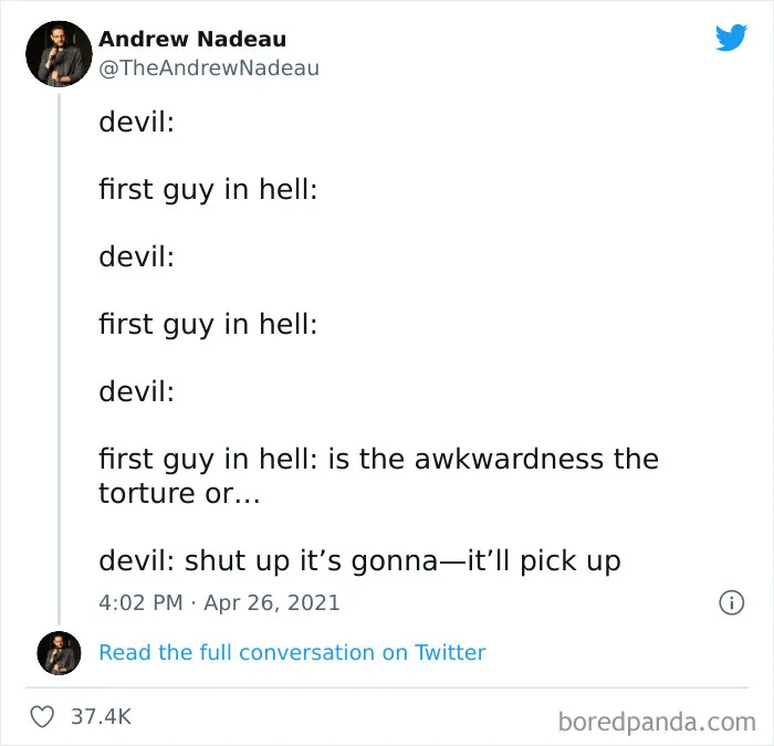 Funny meme from an IG page showing a humorous conversation between the devil and the first guy in hell to lift up spirits.