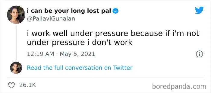 Screenshot of a funny meme tweet about working well under pressure, featured in 50 funny memes from this IG page.