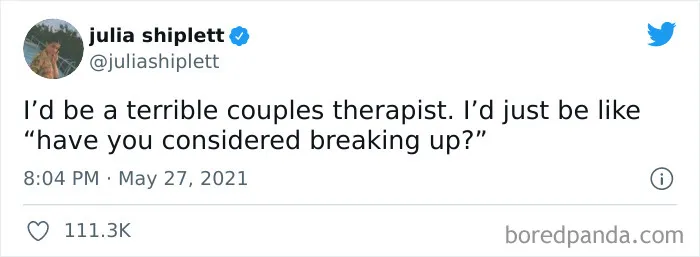 Tweet text about being a terrible couples therapist suggesting breaking up, part of funny memes from this IG page.