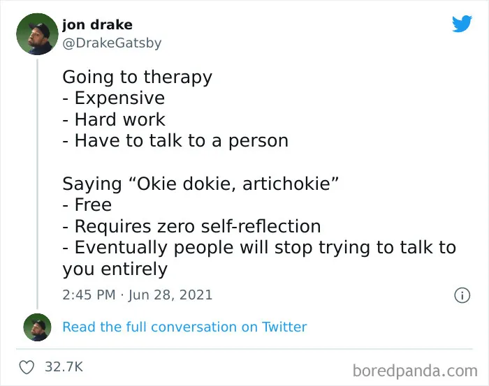 Tweet humor meme from IG page showcasing funny comparison between therapy and saying a silly phrase to lift up your spirits.