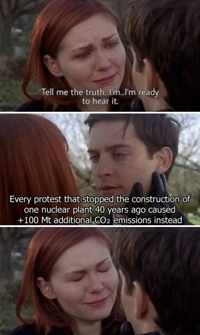 A woman asks for the truth about protests stopping nuclear plants causing more CO2 emissions history meme.