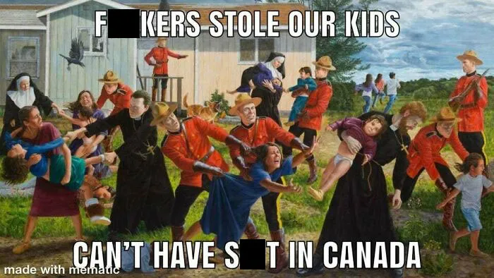 Historical meme depicting an exaggerated scene of Mounties and nuns taking children, illustrating funny and accurate history memes.