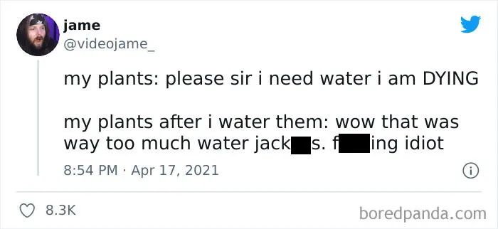 Tweet from user jame humorously describing overwatering plants, featured in funny memes from an IG page to lift up spirits.