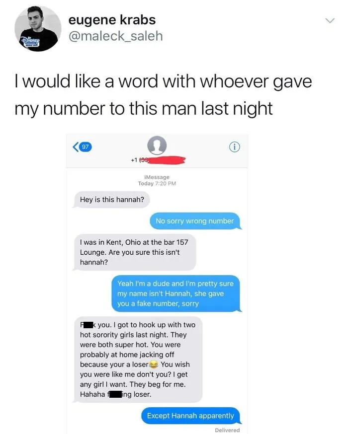 Screenshot of a funny text exchange showing a mistaken identity and humorous insults, featured in memes to lift spirits.