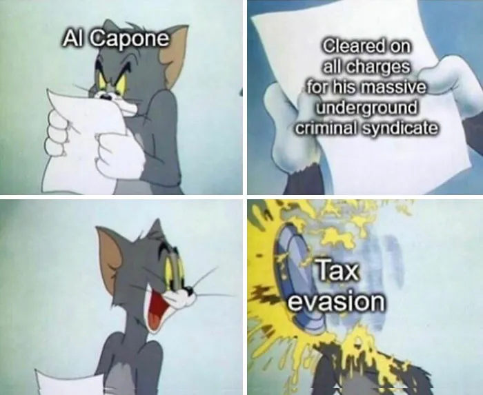 Cartoon character Tom holding a paper about Al Capone's criminal charges and tax evasion in a funny history meme.