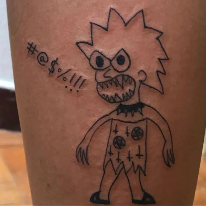 Simple cartoon-style tattoo with spiky hair and expressions, featuring abstract symbols, known for unique design approach.