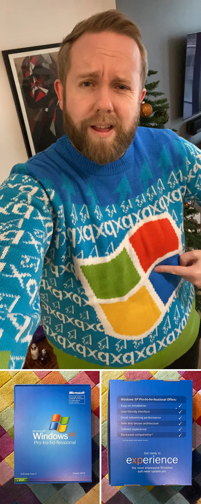 Microsoft’s Ugly Christmas Sweater Is Windows XP This Year. It Even Comes In A Softwear Box