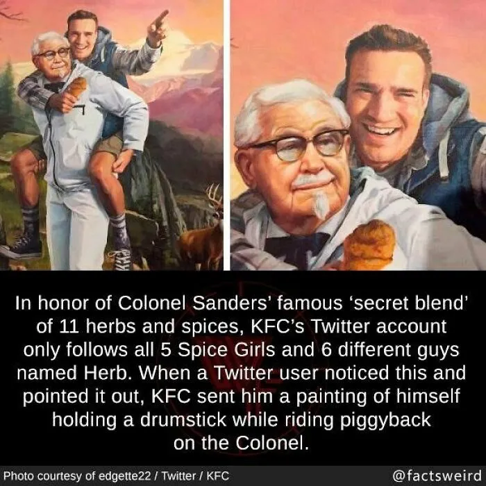 Painting showing Colonel Sanders with a man on his back holding a drumstick, illustrating a weird fact about the world.