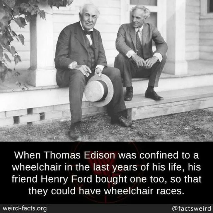 Black and white photo of Thomas Edison and Henry Ford sitting on a porch, illustrating weird facts about the world.