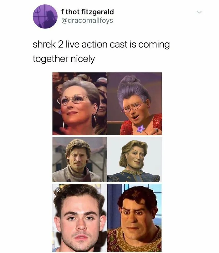 Funny memes from IG page showing Shrek 2 live action cast images paired with original animated characters.