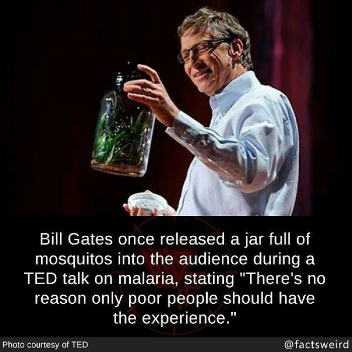 Bill Gates holding jar of mosquitoes during TED talk illustrating weird facts about the world and malaria awareness.