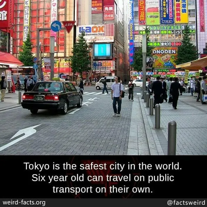 Busy Tokyo street scene with pedestrians and vehicles illustrating weird facts about the world and global perspectives.