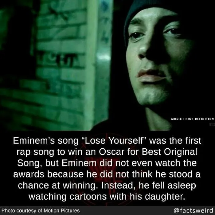 Eminem’s unique Oscar win fact shown in a dark setting, illustrating weird facts about the world perspective.