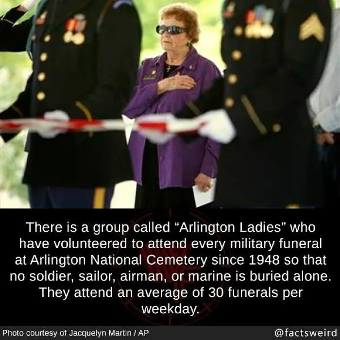 Elderly woman volunteering at military funerals, honoring soldiers, illustrating weird facts about the world and unique traditions.