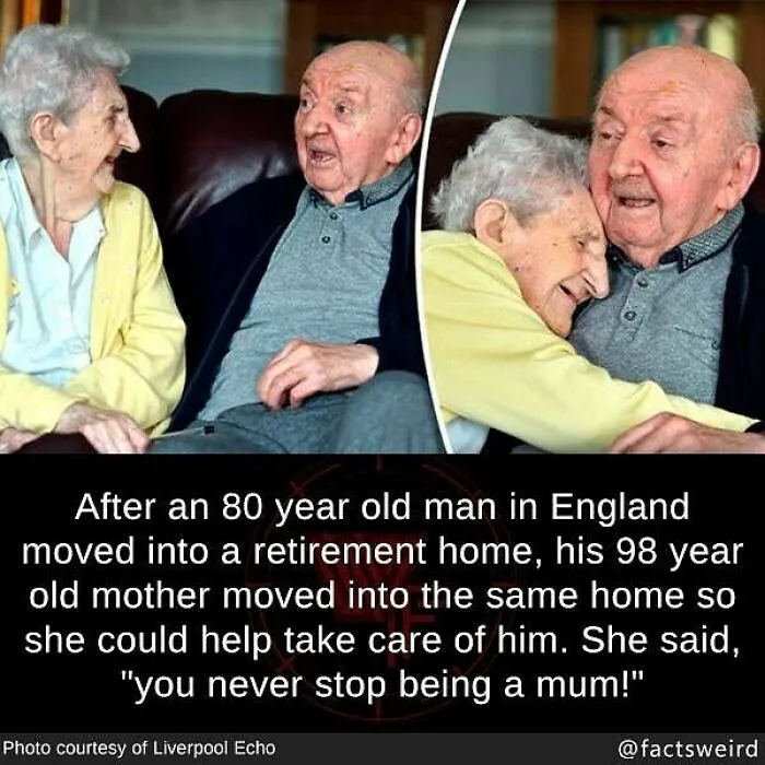 Elderly mother and son sharing a heartfelt moment, illustrating weird facts about the world and unique family bonds.