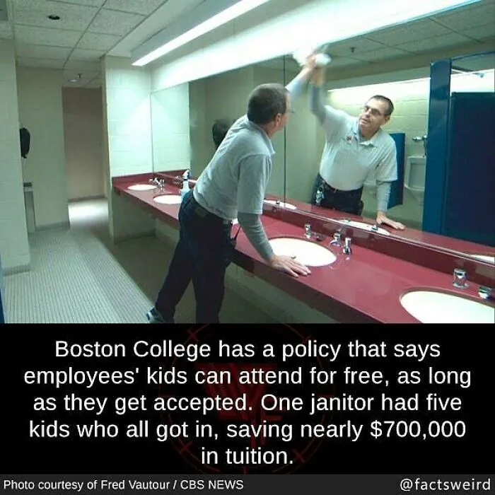 Man cleaning bathroom mirror in janitor uniform illustrating weird facts about the world and surprising employee benefits.