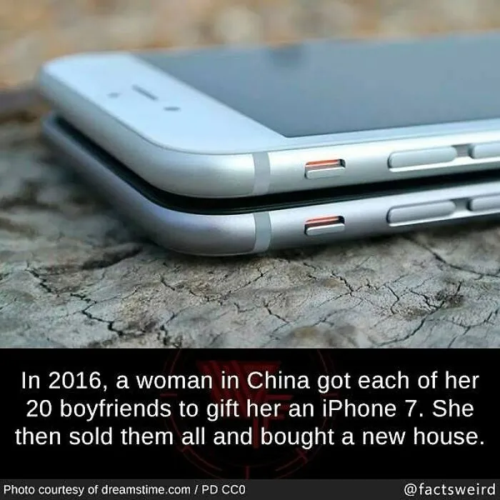 Two iPhone 7 devices stacked on cracked ground with a weird fact about a woman in China using gifts to buy a house.