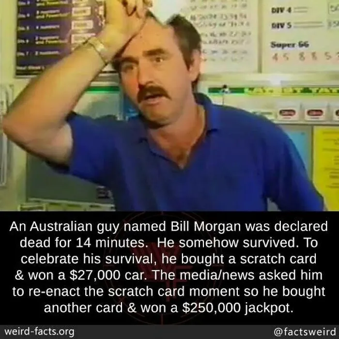 Man in blue shirt recounting weird facts about surviving death and winning jackpots in a random world story.