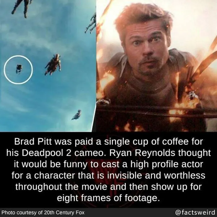 Brad Pitt cameo in Deadpool 2 paid with coffee, a weird fact about the world’s most unusual movie trivia.