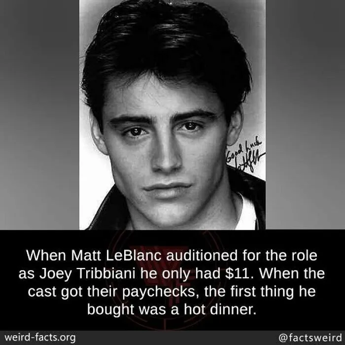 Black and white photo of a young man with text about weird facts related to acting roles and paychecks.