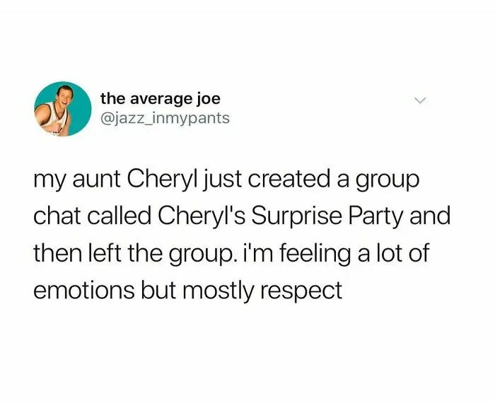 Funny meme text about a surprise party group chat, shared on an IG page to lift up your spirits.