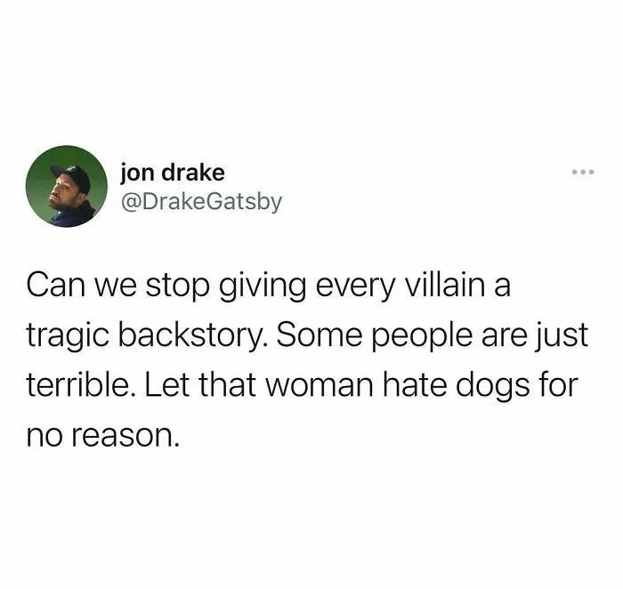 Funny meme from an Instagram page about villains and tragic backstories with a humorous take on hating dogs for no reason.