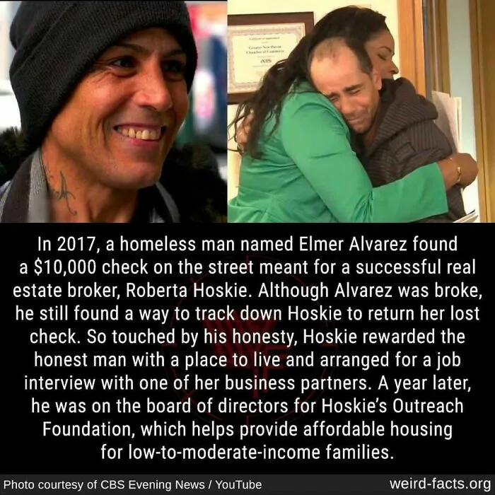 Smiling homeless man returns lost $10,000 check, gains housing and job, showing inspiring weird facts about the world.