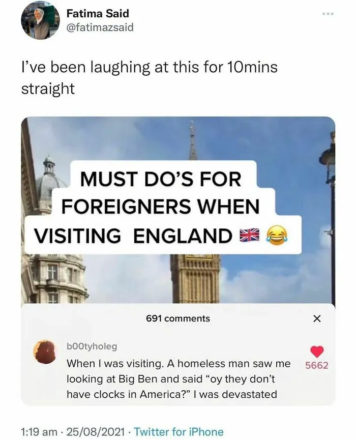Tweet showing a humorous comment about visiting England with a funny history meme shared by users in a popular group.