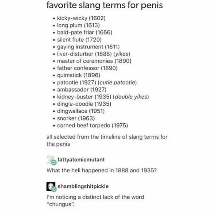 List of historical slang terms for penis from 1600s to 1970s, with humorous comments on changes in language usage over time.