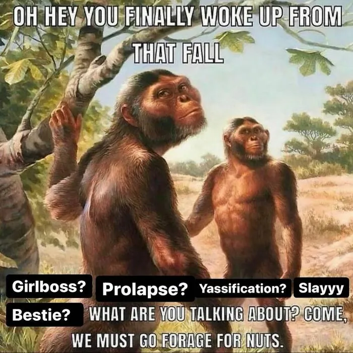 Two early humans in a forest with humorous text about waking up from fall, part of funny and accurate history memes.