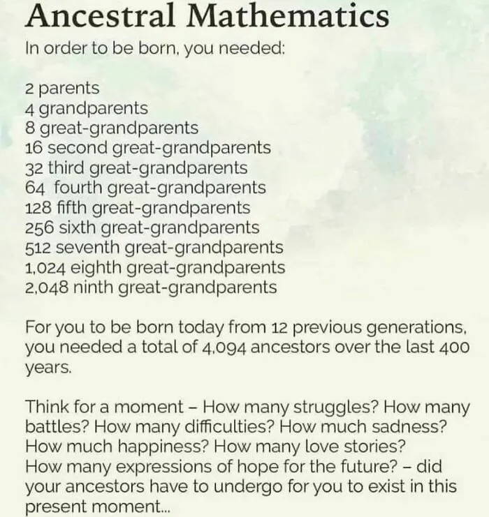 An ancestral mathematics meme detailing the number of ancestors needed over 12 generations shared in a history memes group.