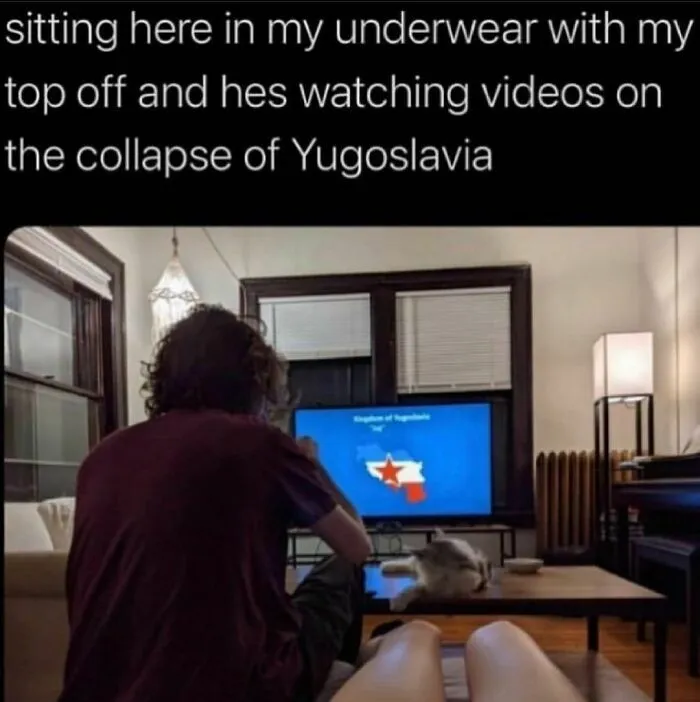 Person watching a history video on the collapse of Yugoslavia, sitting with legs visible and a cat on the table, history memes.