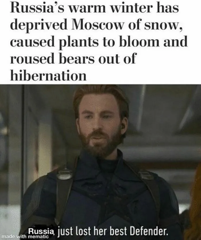 History memes featuring Russia’s warm winter effects with a character saying Russia lost her best defender.