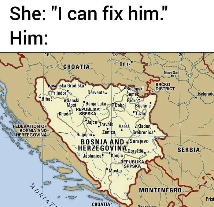 Humorous history meme showing a detailed map of Bosnia and Herzegovina with regional divisions and cities.