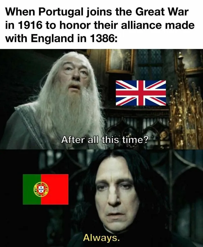 History meme showing characters from a movie with UK and Portugal flags referencing their alliance in the Great War.