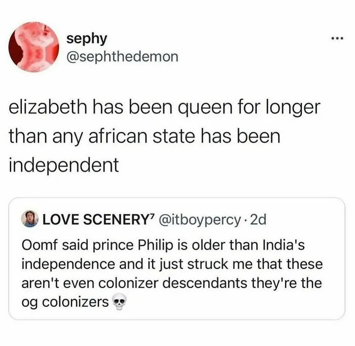 History meme comparing Queen Elizabeth's reign length to African states' independence with a colonizer reflection.