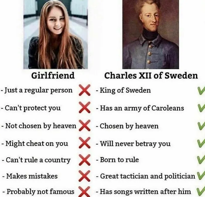 Comparison meme humorously contrasting a girlfriend with Charles XII of Sweden using accurate history memes content.