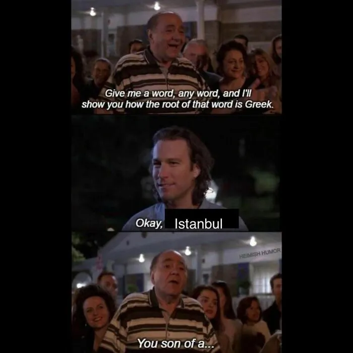 Man in striped shirt claims every word's root is Greek, man responds with Istanbul, surprising the crowd in a history meme.